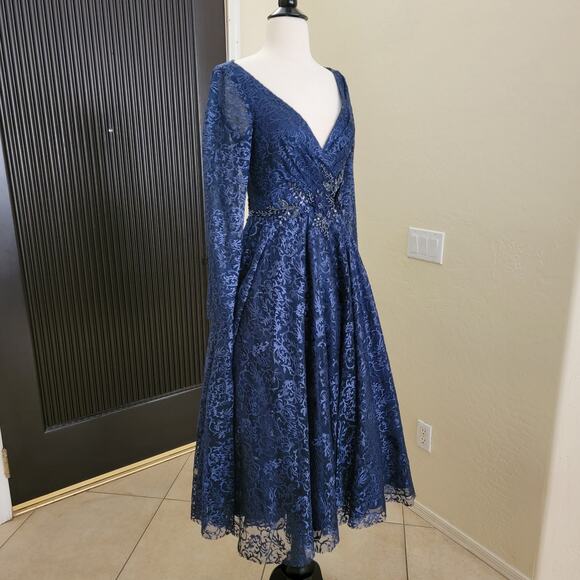 Mac Duggal 112181 Navy Blue 4 Floral Long Sleeve Midi Tea V Formal Gown Dress - Picture 6 of 11